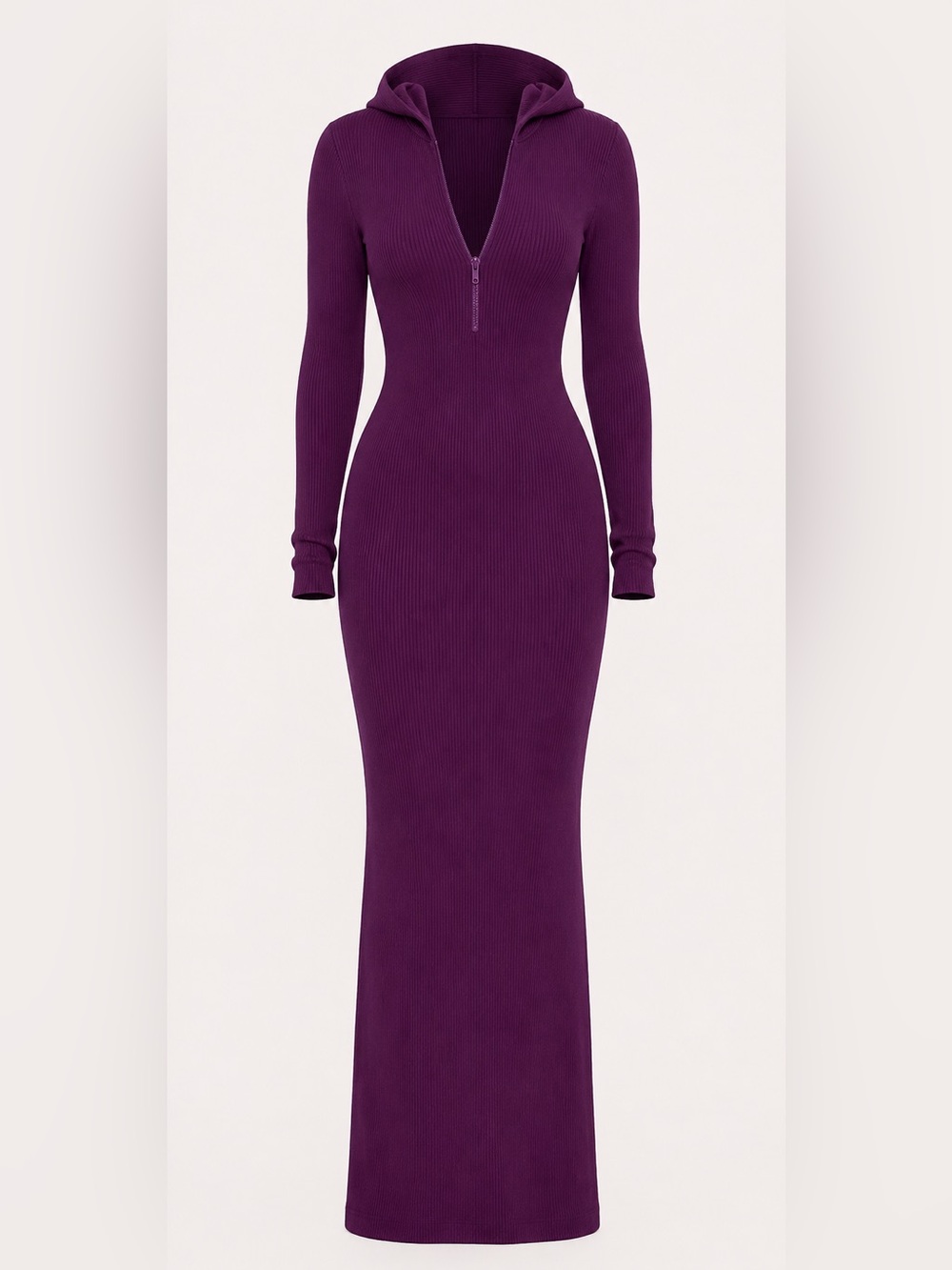 Zip-Front Long Sleeve Ribbed Maxi Dress in Plum